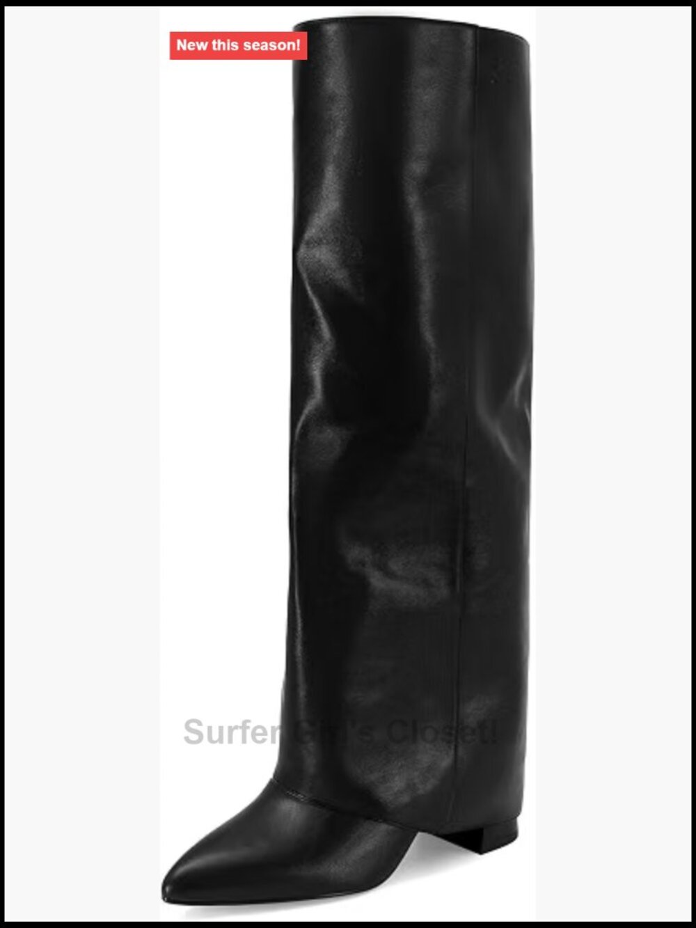 Fold Over Chunky Heel Knee High Boots Pointed Toe Pull On Faux Leather
